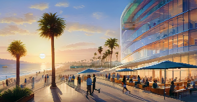 A scenic view of Santa Monica's tech hub by the beach, showcasing modern buildings and palm trees during sunset.