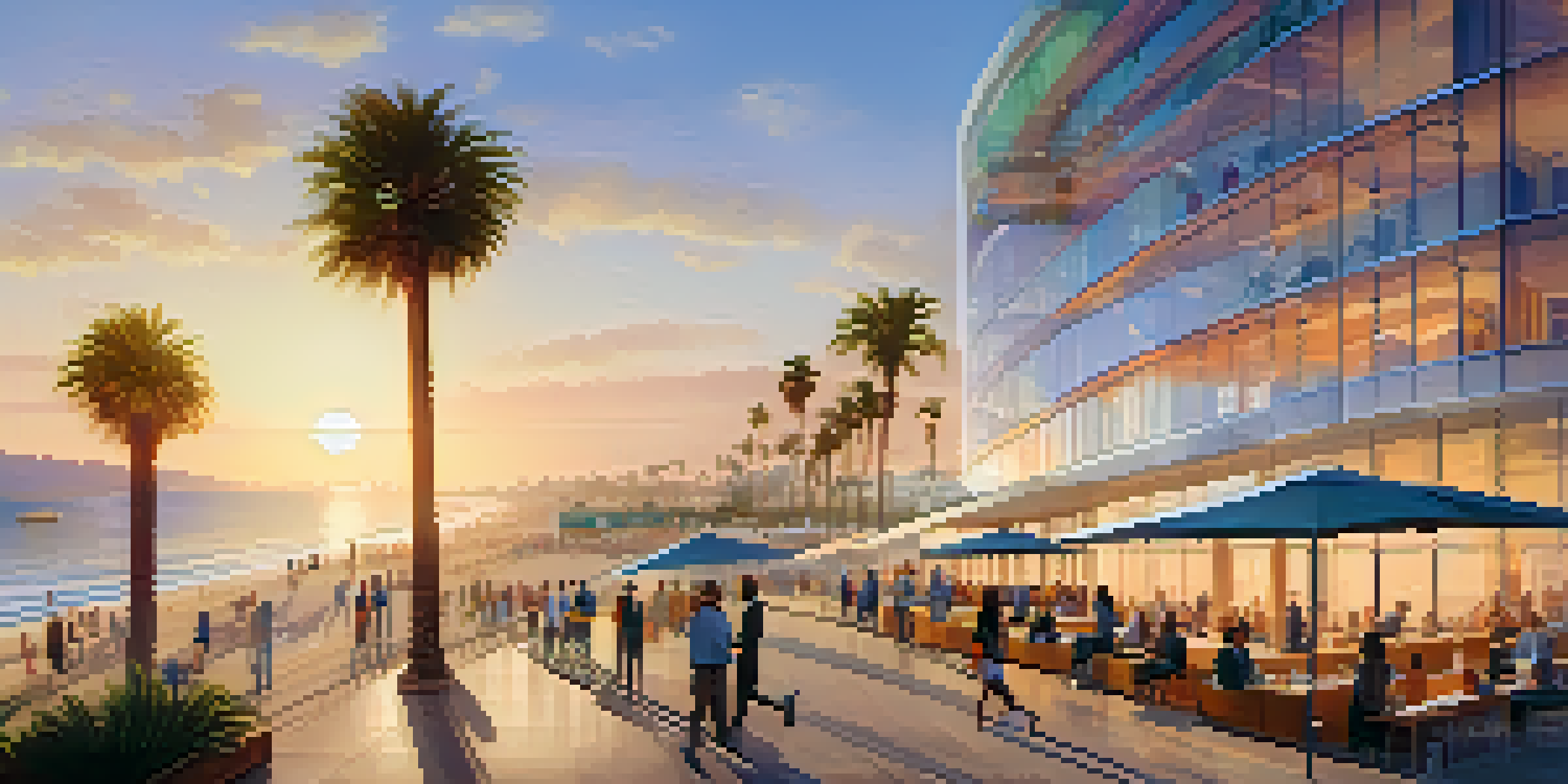 A scenic view of Santa Monica's tech hub by the beach, showcasing modern buildings and palm trees during sunset.
