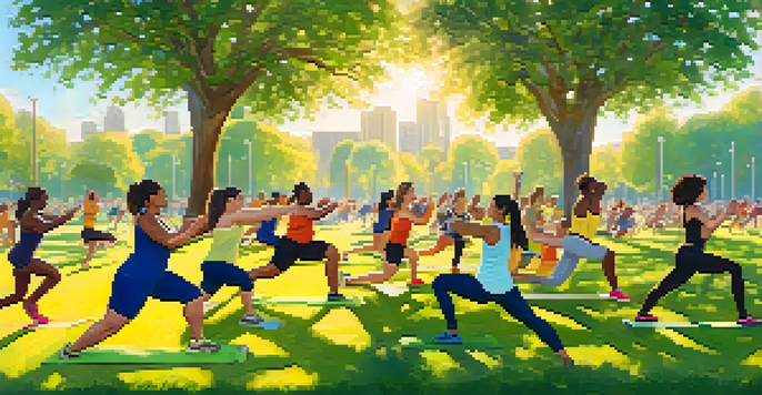 A diverse group of people participating in an outdoor fitness class in a park, surrounded by greenery and bright flowers under a blue sky.