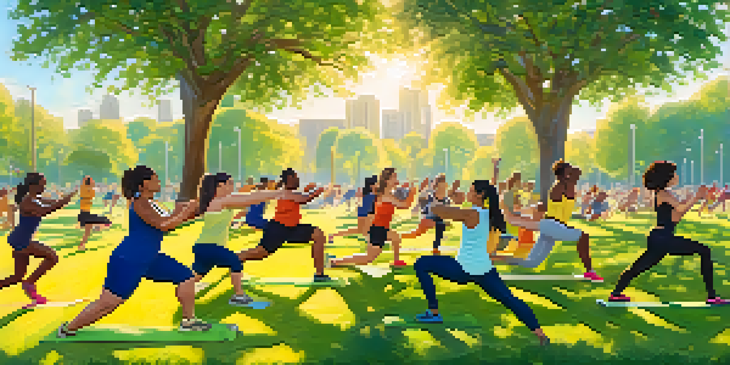 A diverse group of people participating in an outdoor fitness class in a park, surrounded by greenery and bright flowers under a blue sky.