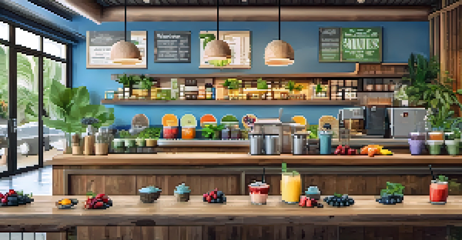 The interior of a smoothie bar with colorful smoothies and acai bowls, decorated with plants and wood.