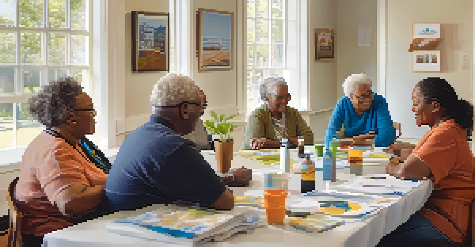 A group of seniors gathered around a table in a bright room, discussing affordable housing resources with brochures in front of them.