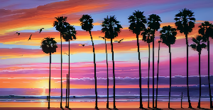 A colorful sunset over Santa Monica beach, silhouetted palm trees, and gentle ocean waves.