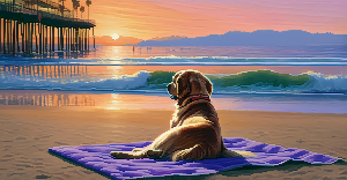 A golden retriever playing in the sand on Santa Monica Beach at sunset, with a sunset sky and the Santa Monica Pier in the background.