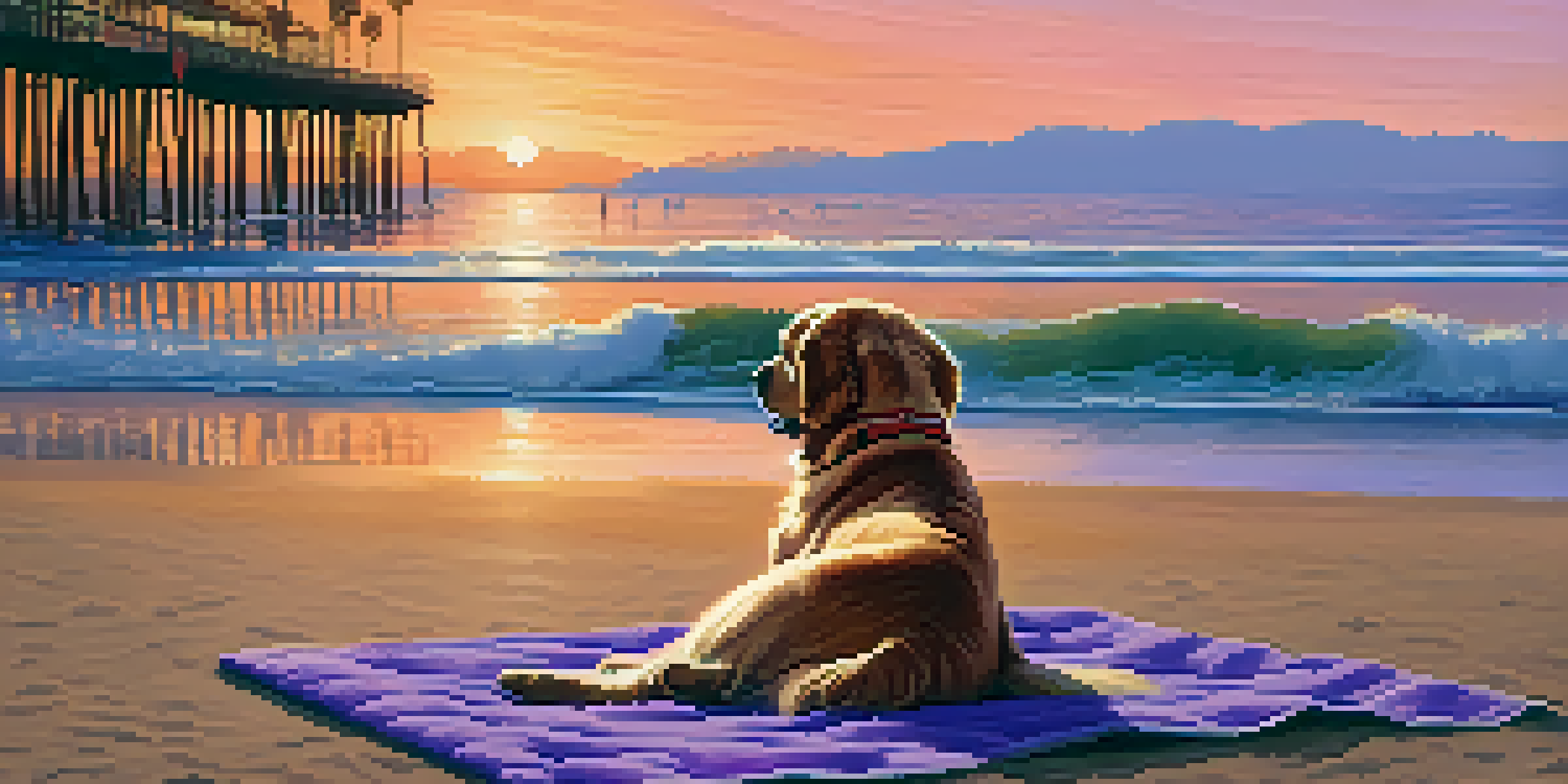 A golden retriever playing in the sand on Santa Monica Beach at sunset, with a sunset sky and the Santa Monica Pier in the background.