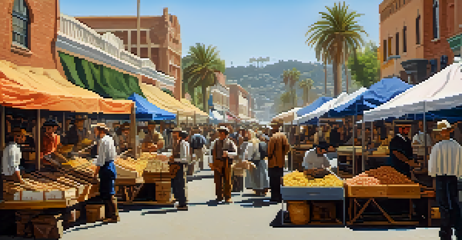 A bustling street market in Santa Monica during the Gold Rush, with miners and settlers engaging with merchants at colorful stalls.