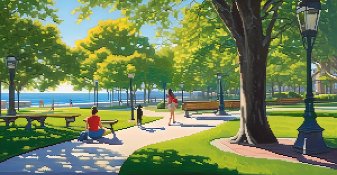 A scenic park path with a person walking a dog, surrounded by lush greenery and a view of the ocean.