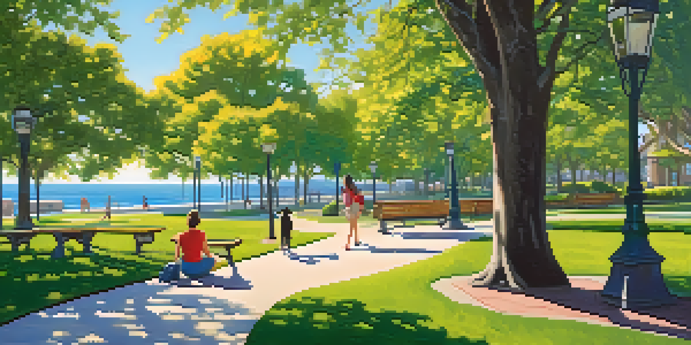 A scenic park path with a person walking a dog, surrounded by lush greenery and a view of the ocean.