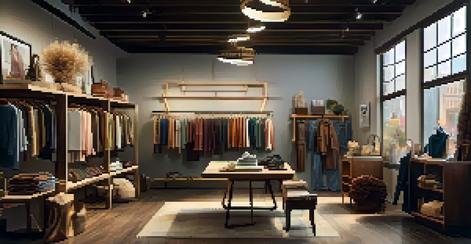 An inviting interior of a fashion pop-up shop with warm lighting, showcasing stylish clothes and handmade accessories.
