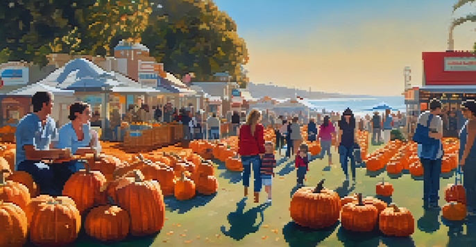 A family at a pumpkin patch during Santa Monica's Fall Festival, with colorful pumpkins and the Santa Monica Pier in the background.
