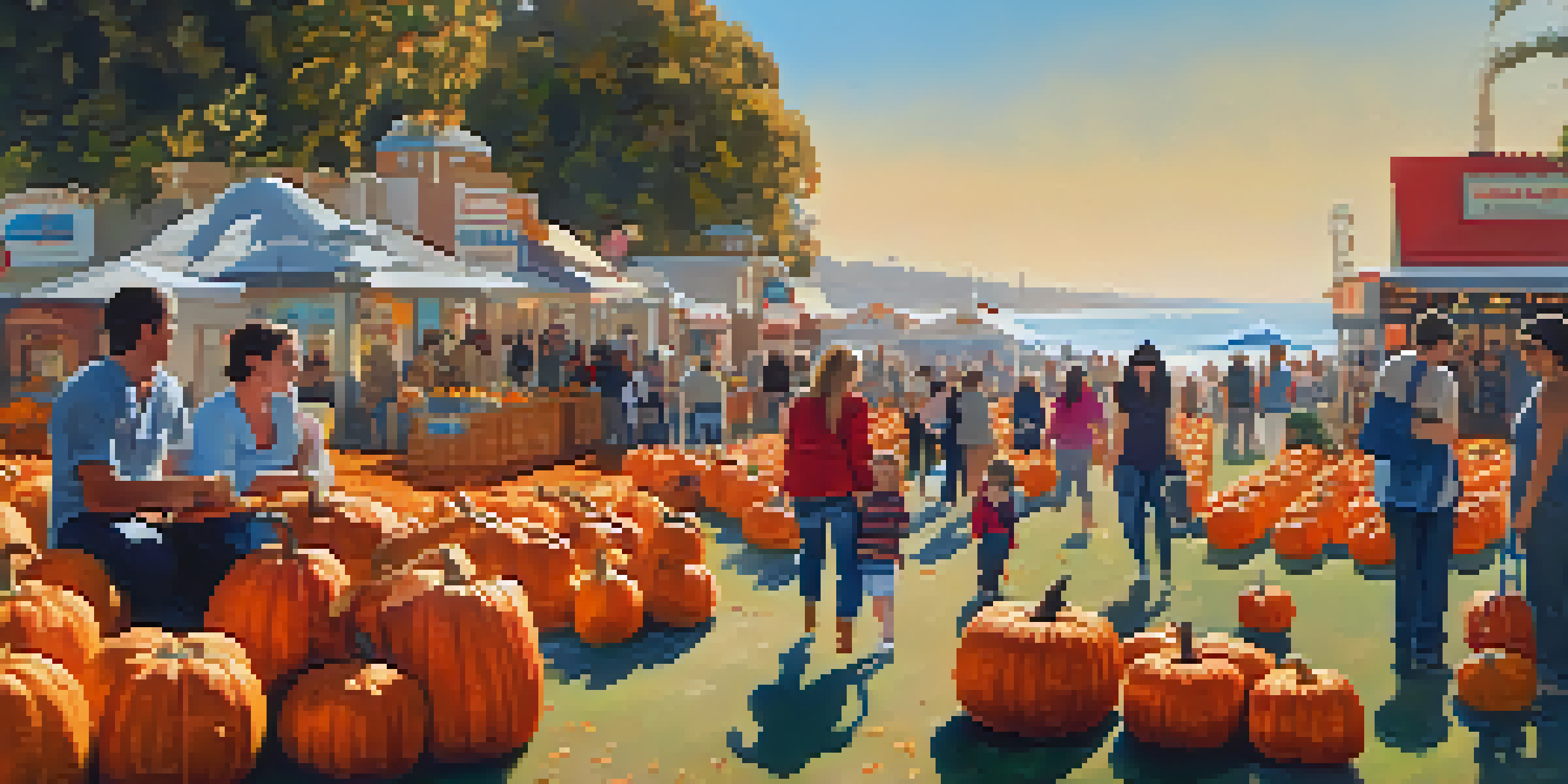 A family at a pumpkin patch during Santa Monica's Fall Festival, with colorful pumpkins and the Santa Monica Pier in the background.