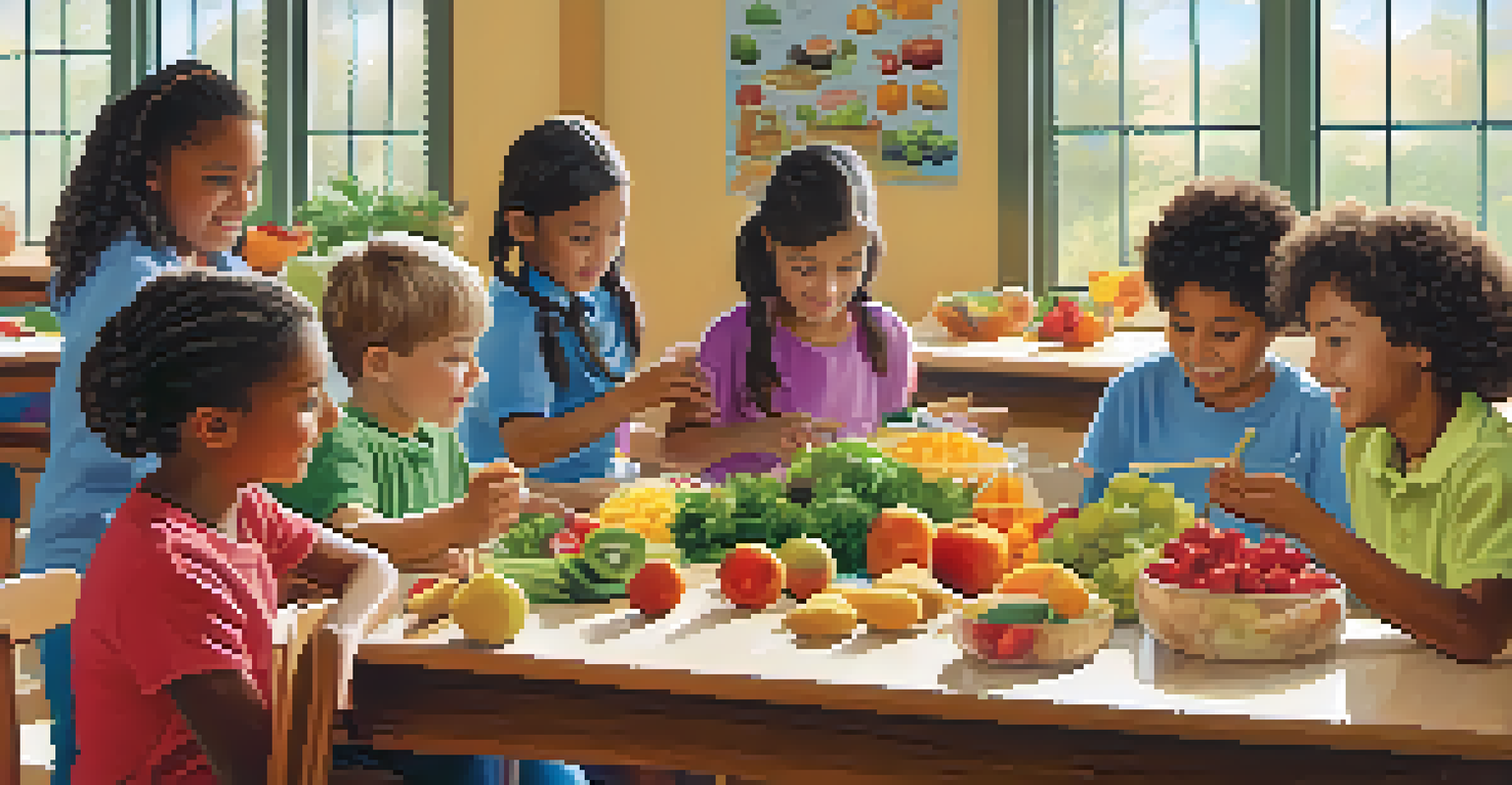 Children in a classroom participating in a nutrition education activity, assembling healthy snacks and learning about the food pyramid with bright natural light coming through the windows.