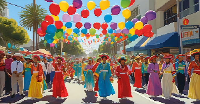 A lively cultural parade in Santa Monica with participants in colorful costumes and joyful onlookers.