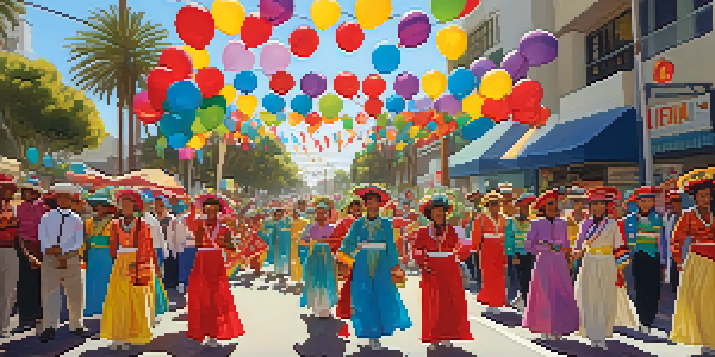 A lively cultural parade in Santa Monica with participants in colorful costumes and joyful onlookers.