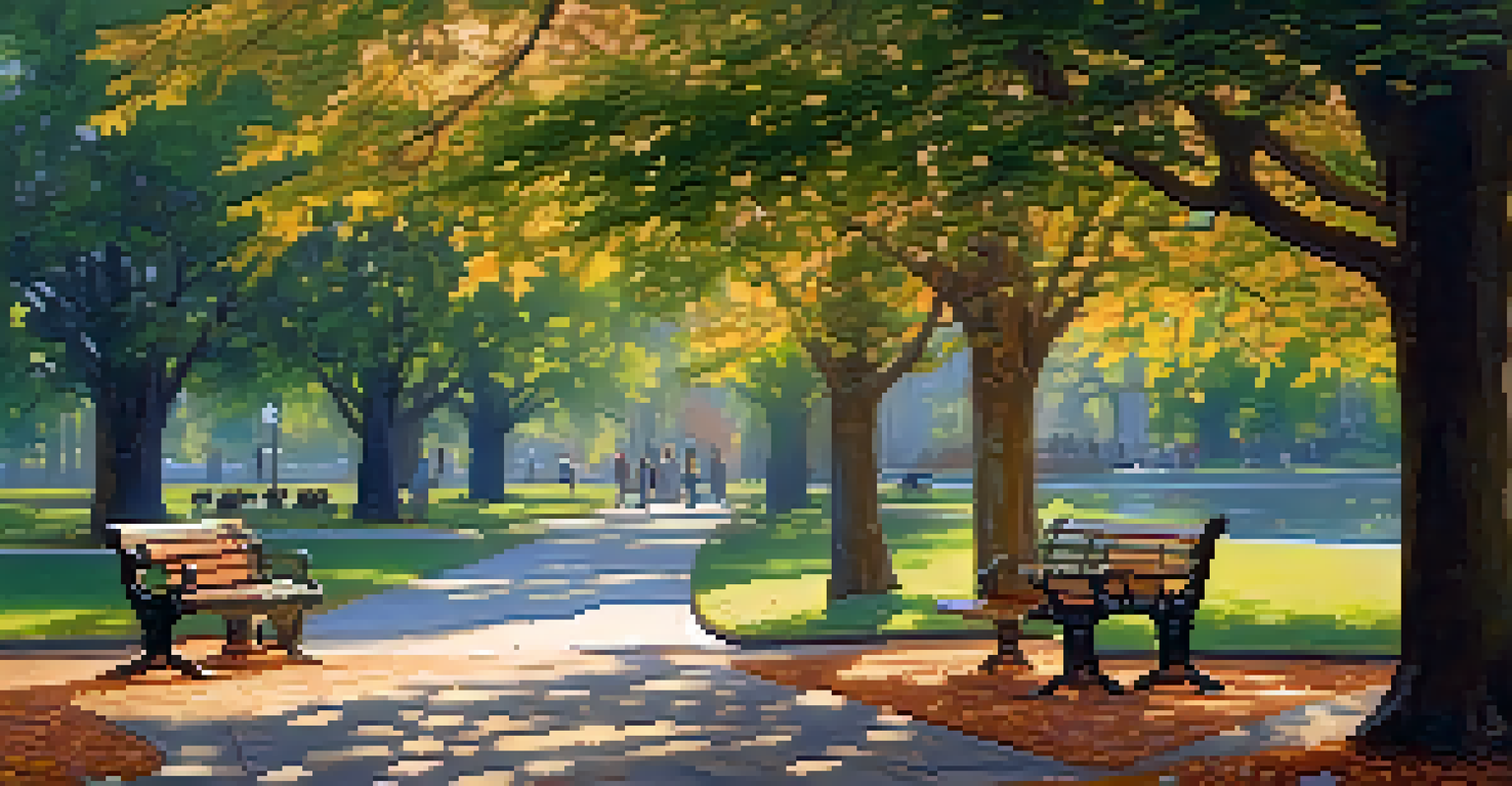 A quiet park with gardens and memorials, benches under trees, and warm afternoon light creating a serene atmosphere.
