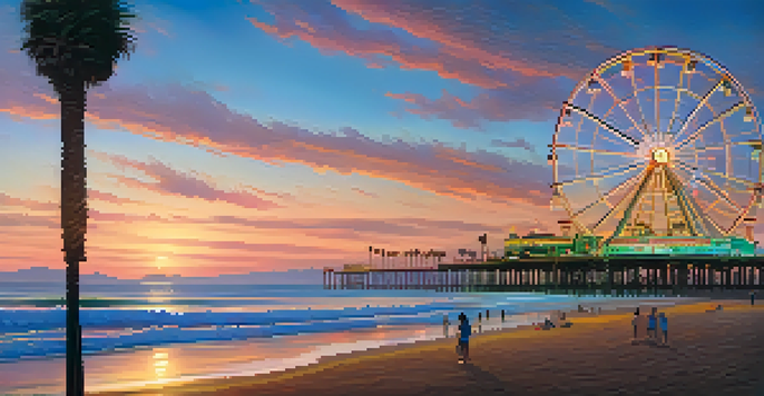 A picturesque sunset view of Santa Monica's coastline with the Santa Monica Pier in the foreground, featuring a lit Ferris wheel and palm trees.