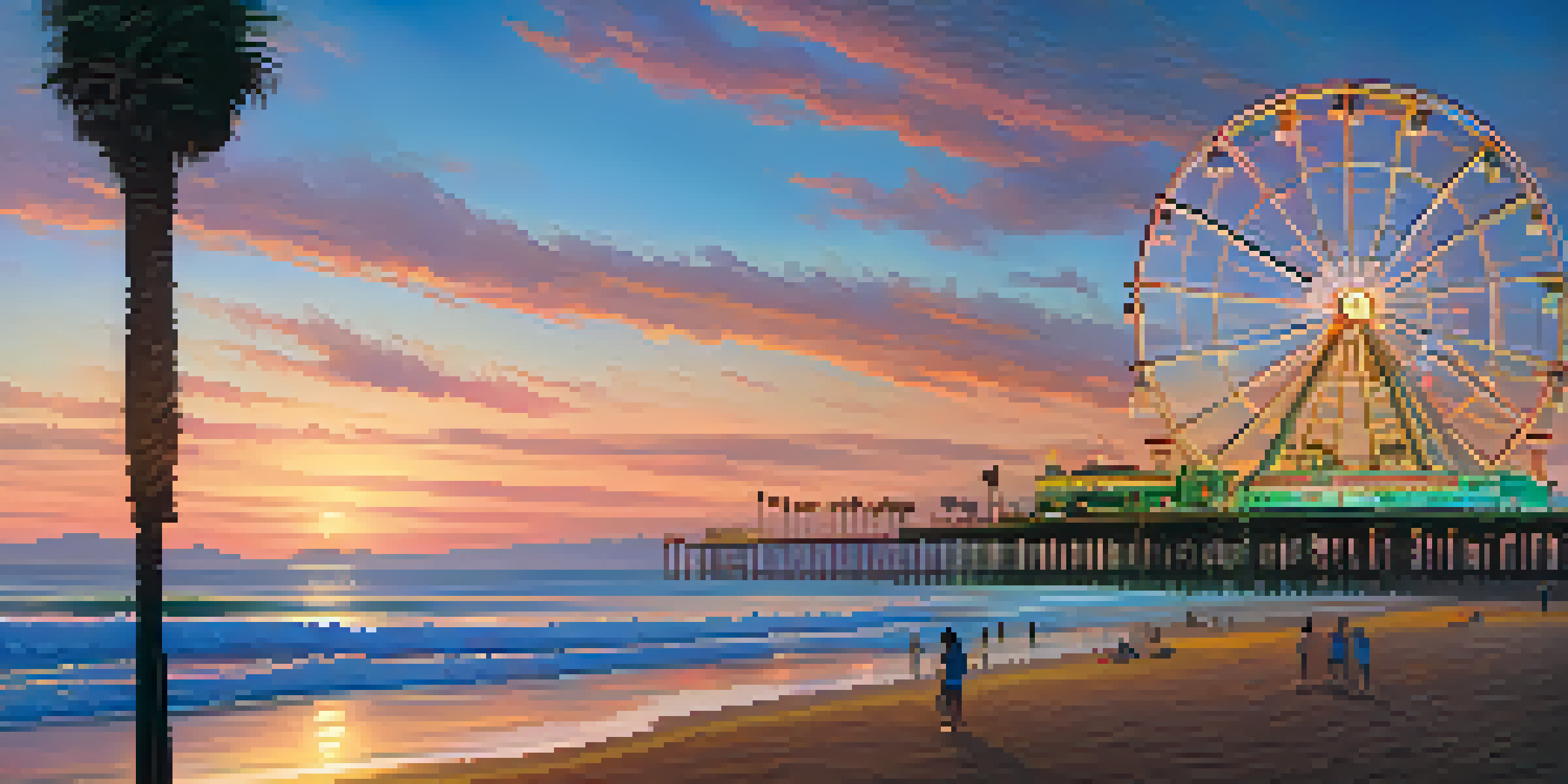 A picturesque sunset view of Santa Monica's coastline with the Santa Monica Pier in the foreground, featuring a lit Ferris wheel and palm trees.