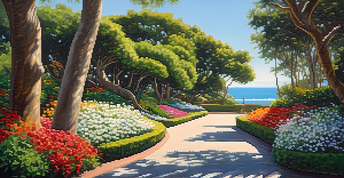 A peaceful park scene with a walking path, colorful flowers, and a view of the ocean, creating a tranquil atmosphere.