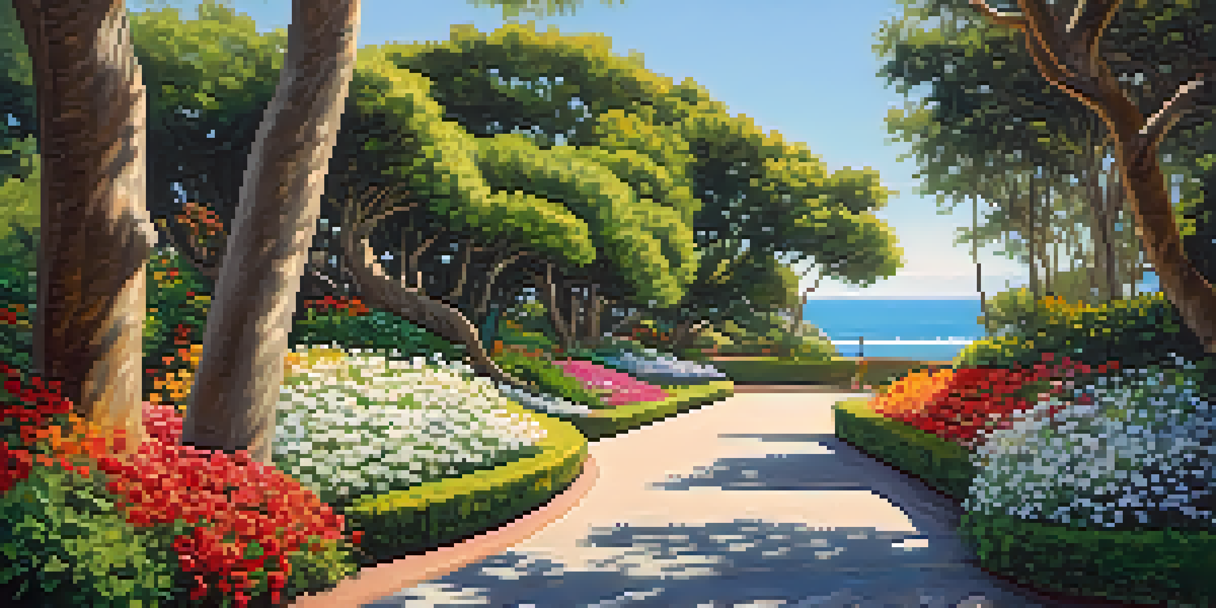 A peaceful park scene with a walking path, colorful flowers, and a view of the ocean, creating a tranquil atmosphere.