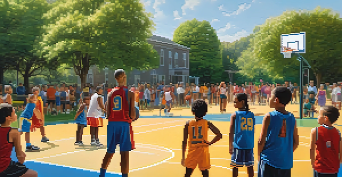 Children of diverse backgrounds playing basketball in a sunny park, with parents cheering in the background.