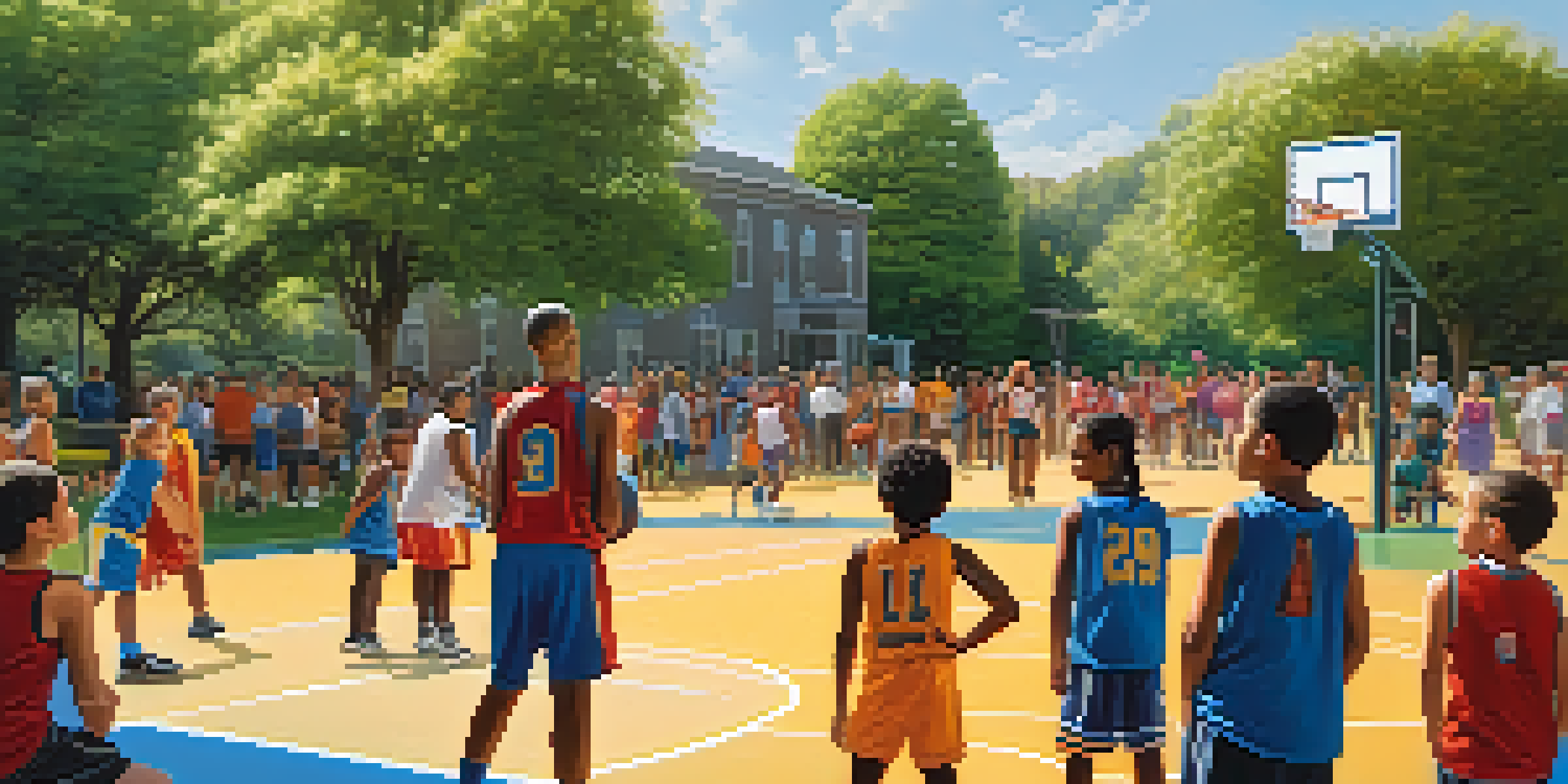 Children of diverse backgrounds playing basketball in a sunny park, with parents cheering in the background.