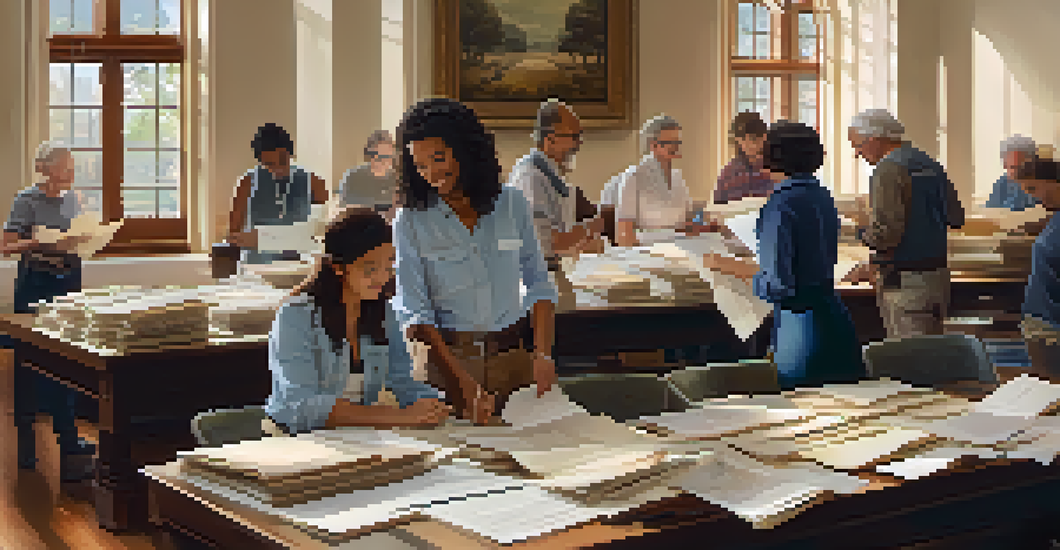 Volunteers sorting through historical documents in a bright workshop at the Santa Monica Historical Society.