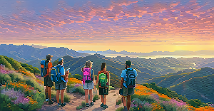 A diverse group of hikers enjoying a sunrise view in the Santa Monica Mountains, surrounded by vibrant colors and lush greenery.