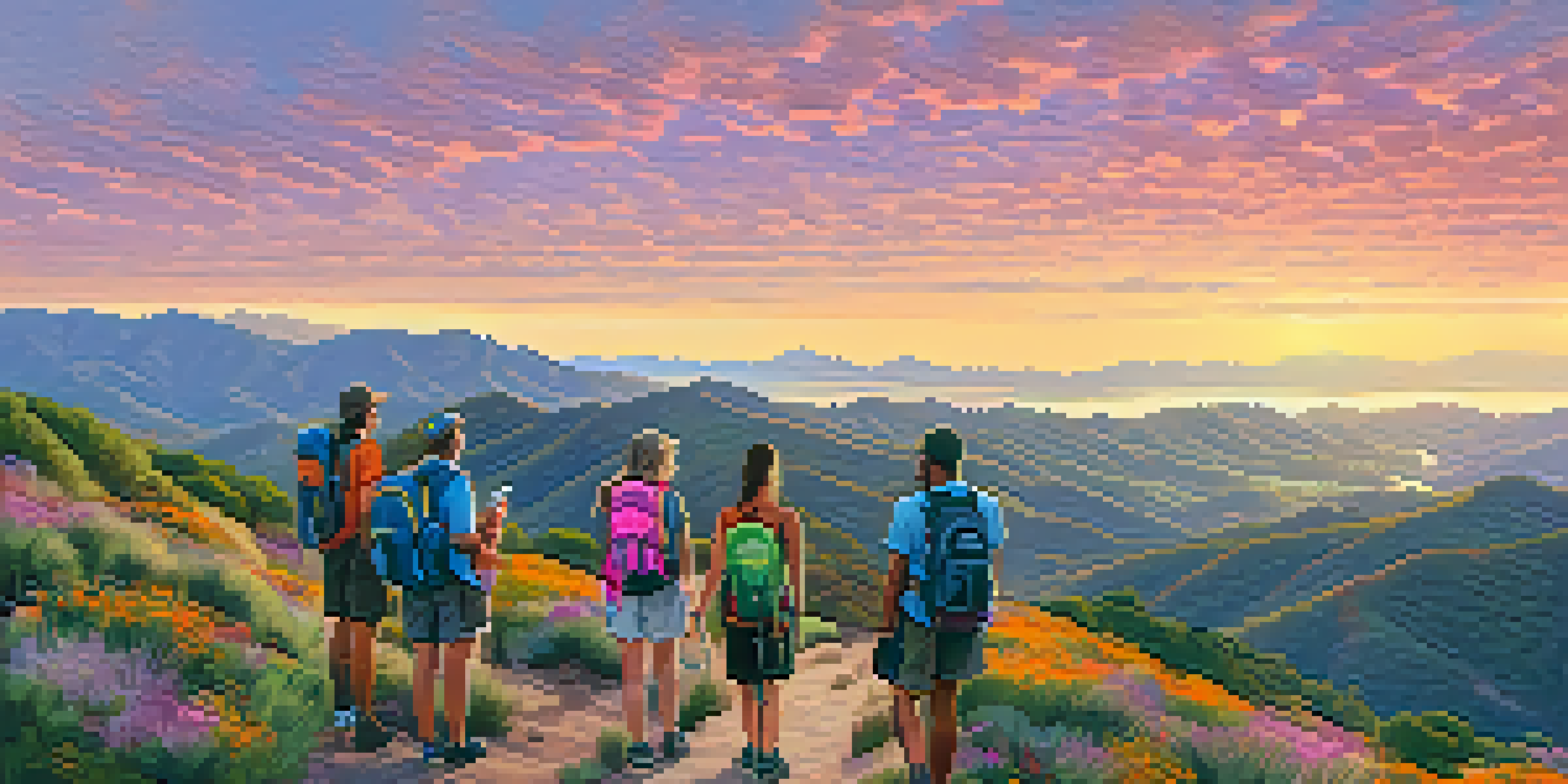 A diverse group of hikers enjoying a sunrise view in the Santa Monica Mountains, surrounded by vibrant colors and lush greenery.