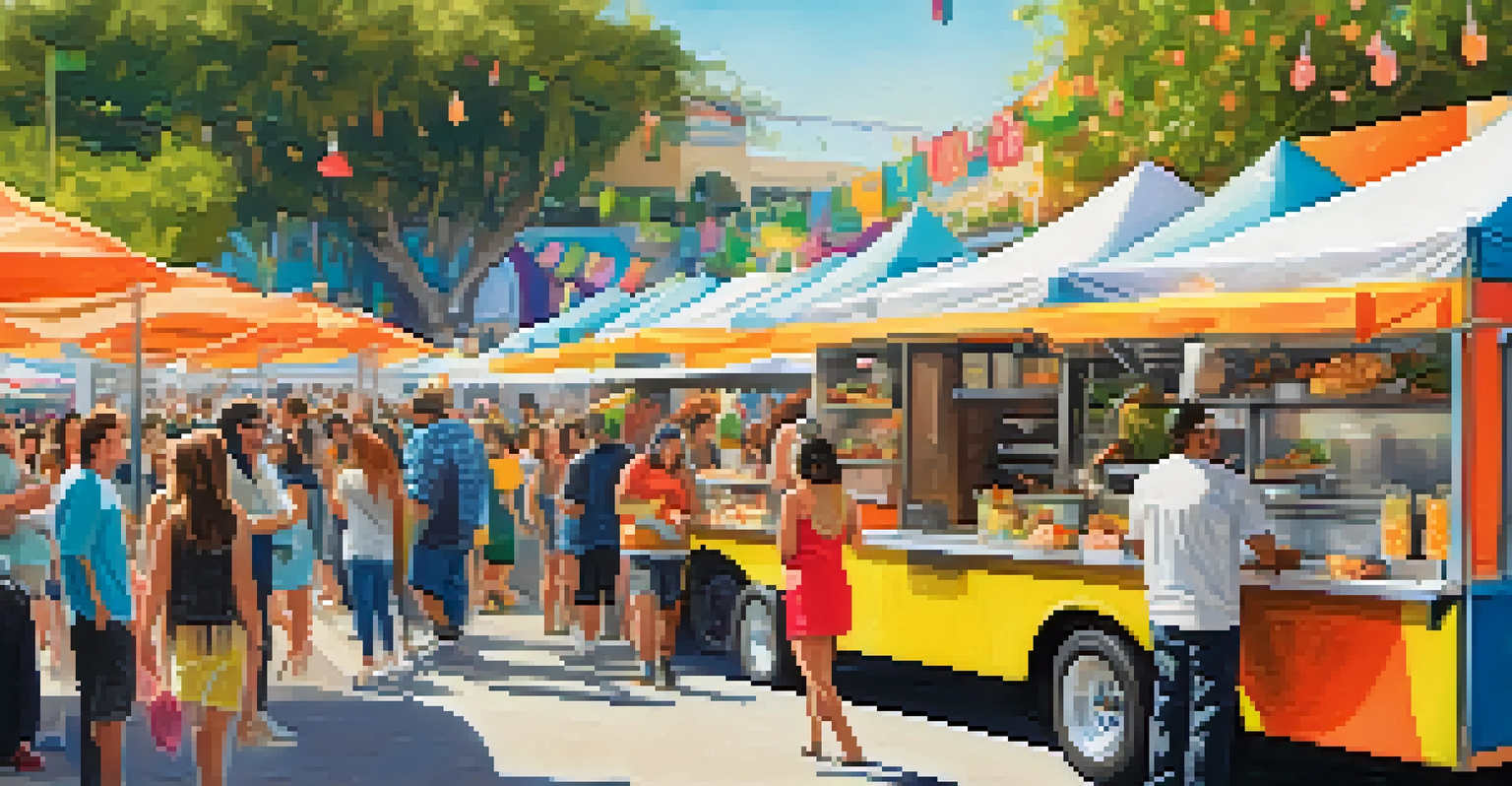 A lively food area at the festival with food trucks serving various cuisines and a chef demonstrating cooking techniques.