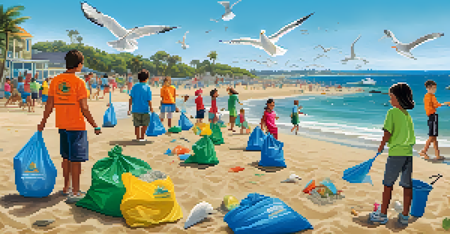 A community beach clean-up involving children and adults, working together to protect the ocean environment.