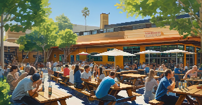 An outdoor brewery scene in Santa Monica, with people enjoying craft beers at picnic tables under sunny weather, surrounded by plants and a rustic brewery building.
