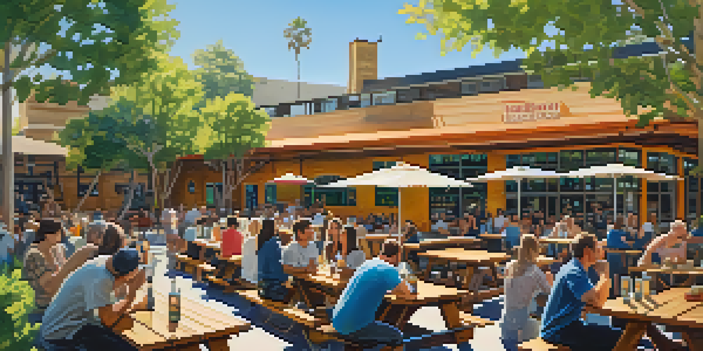 An outdoor brewery scene in Santa Monica, with people enjoying craft beers at picnic tables under sunny weather, surrounded by plants and a rustic brewery building.