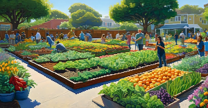 A lively community garden in Santa Monica with diverse people gardening among colorful fruits, vegetables, and flowers under warm sunlight.