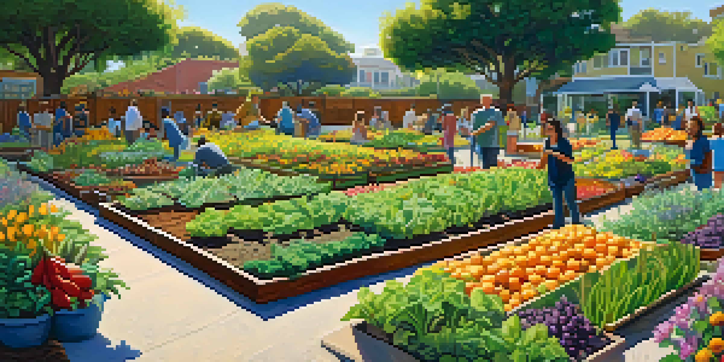 A lively community garden in Santa Monica with diverse people gardening among colorful fruits, vegetables, and flowers under warm sunlight.
