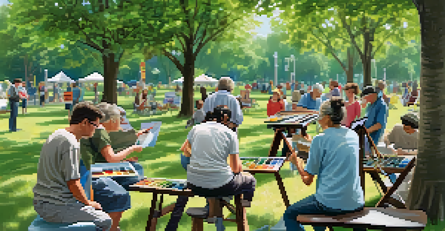 A community art workshop in a park, with artists and residents creating art together.