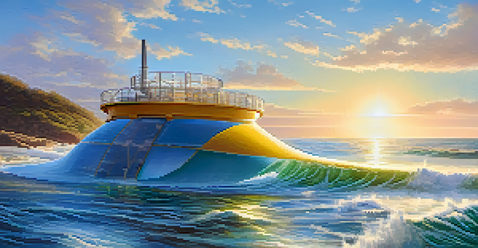 A close-up view of a wave energy converter in the ocean, with sunlight reflecting off the water.