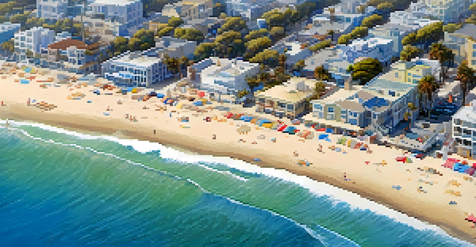 An aerial view of Santa Monica's beach illustrating coastal erosion and beach replenishment efforts with machinery and sand.
