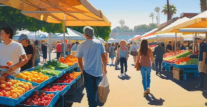 A busy farmer's market in Santa Monica with colorful stalls and shoppers interacting with local farmers under bright sunlight.