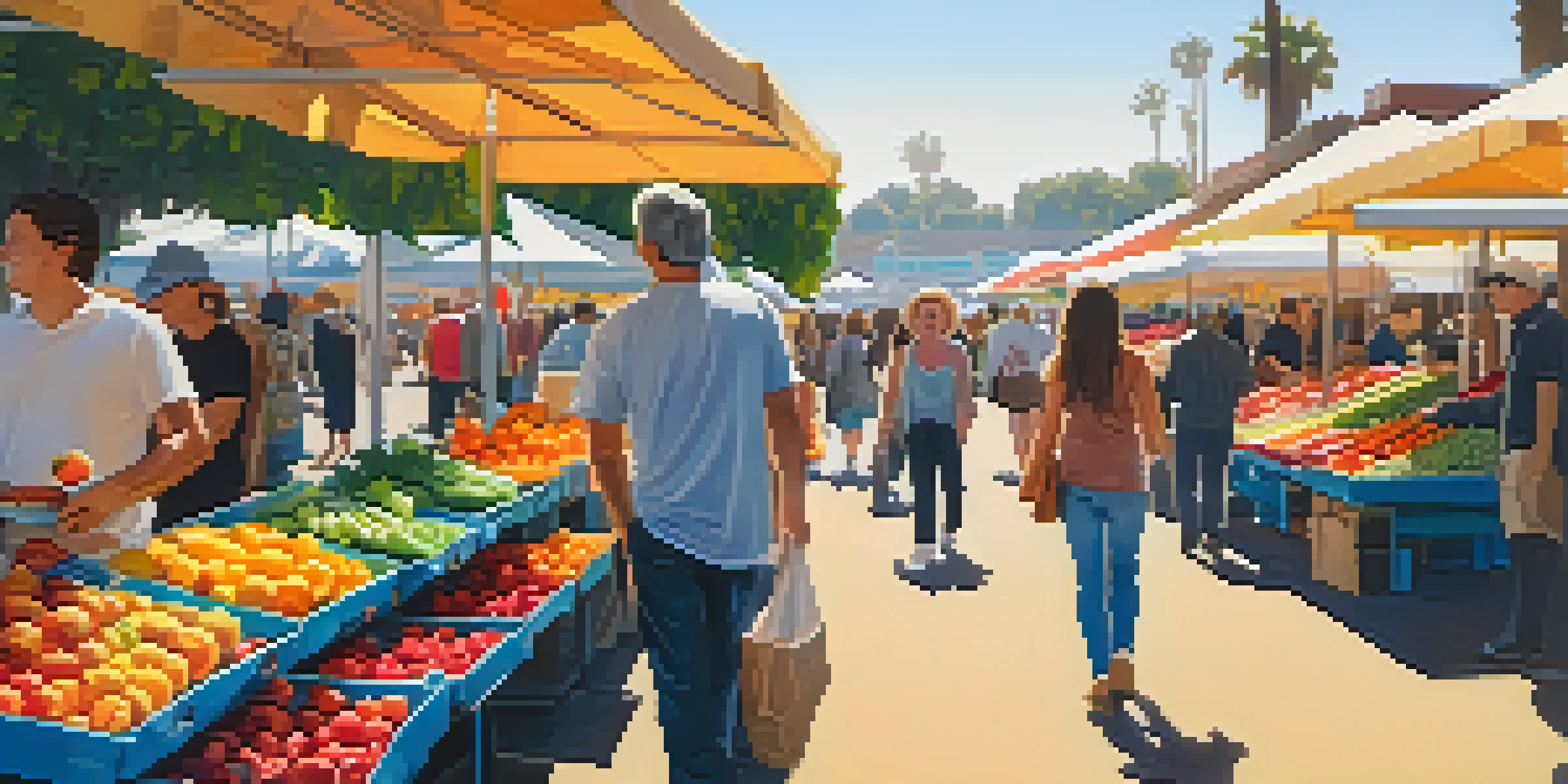A busy farmer's market in Santa Monica with colorful stalls and shoppers interacting with local farmers under bright sunlight.