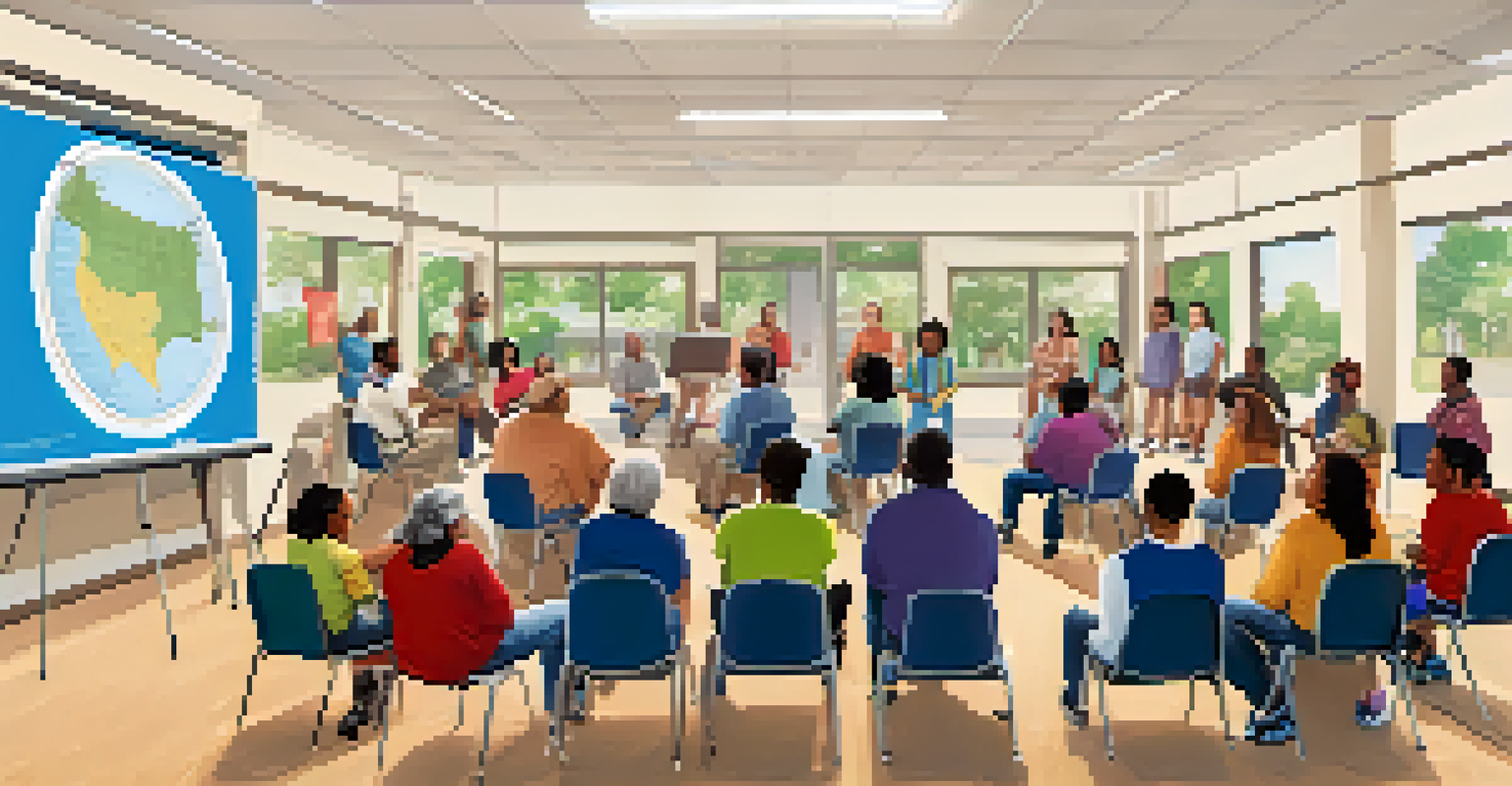 A diverse group of residents in a neighborhood watch meeting, discussing safety strategies in a bright community center.