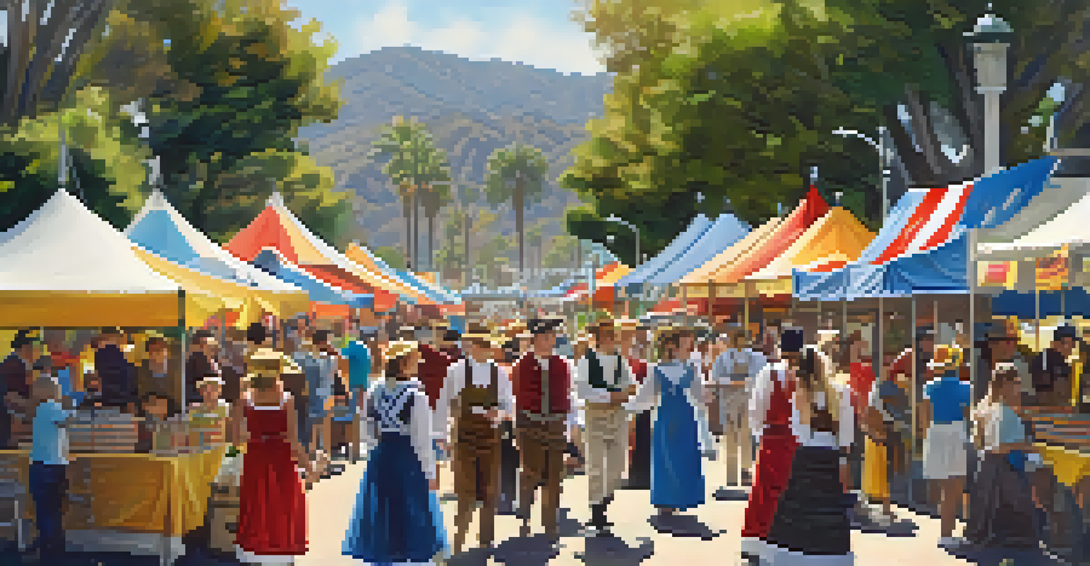 Volunteers interacting with families at the Santa Monica History Festival, surrounded by colorful booths and historical reenactors.