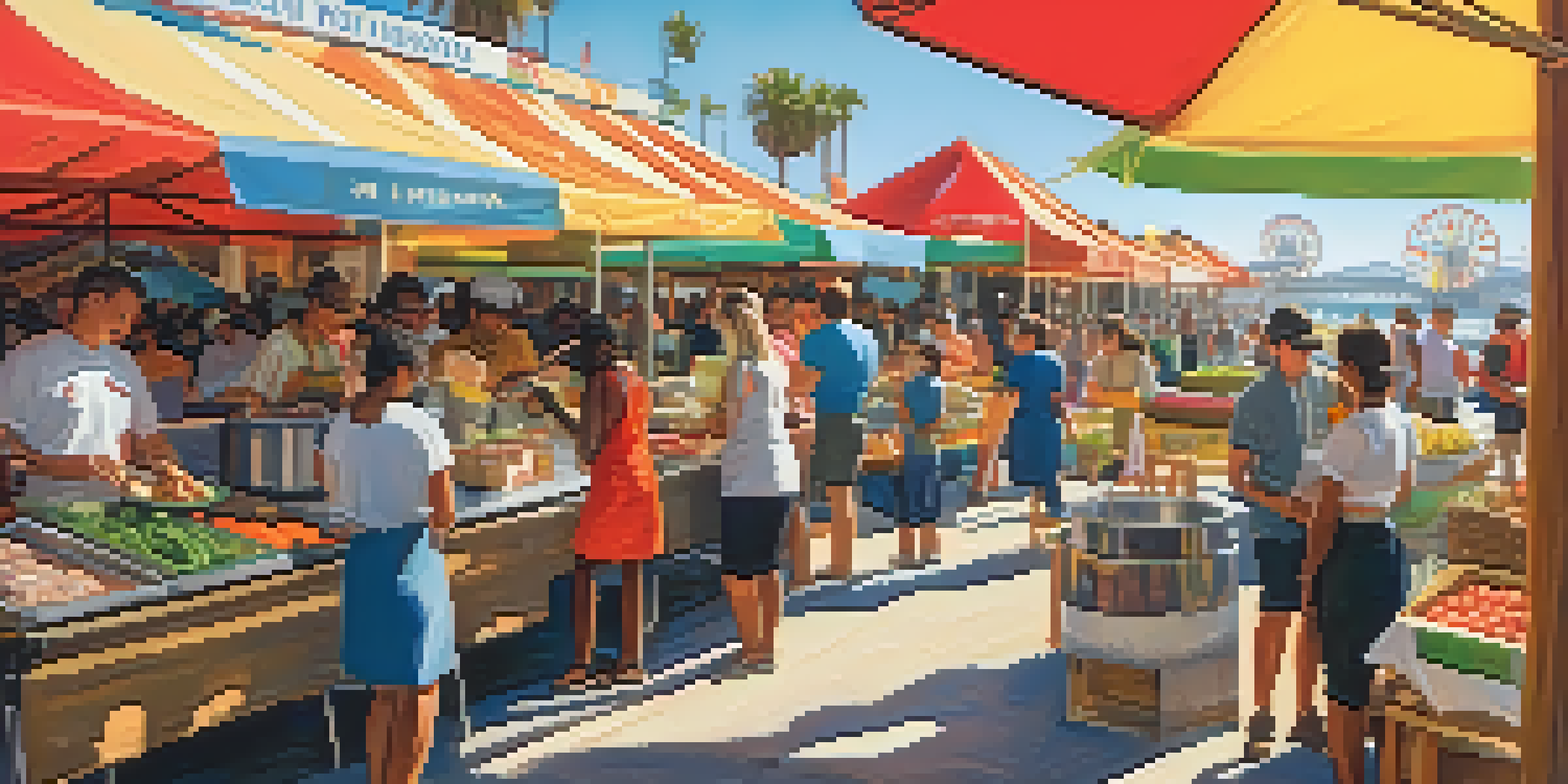 A lively food festival in Santa Monica with colorful food stalls and families enjoying the sunny day. Chefs are preparing fresh dishes with the Santa Monica pier in the background.