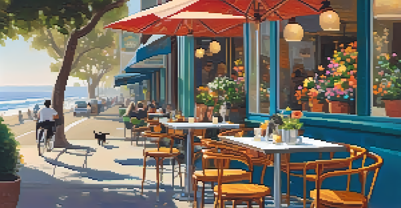 A cozy outdoor café table with brunch food and a gourmet meal for a dog, surrounded by flowers and other diners with pets.