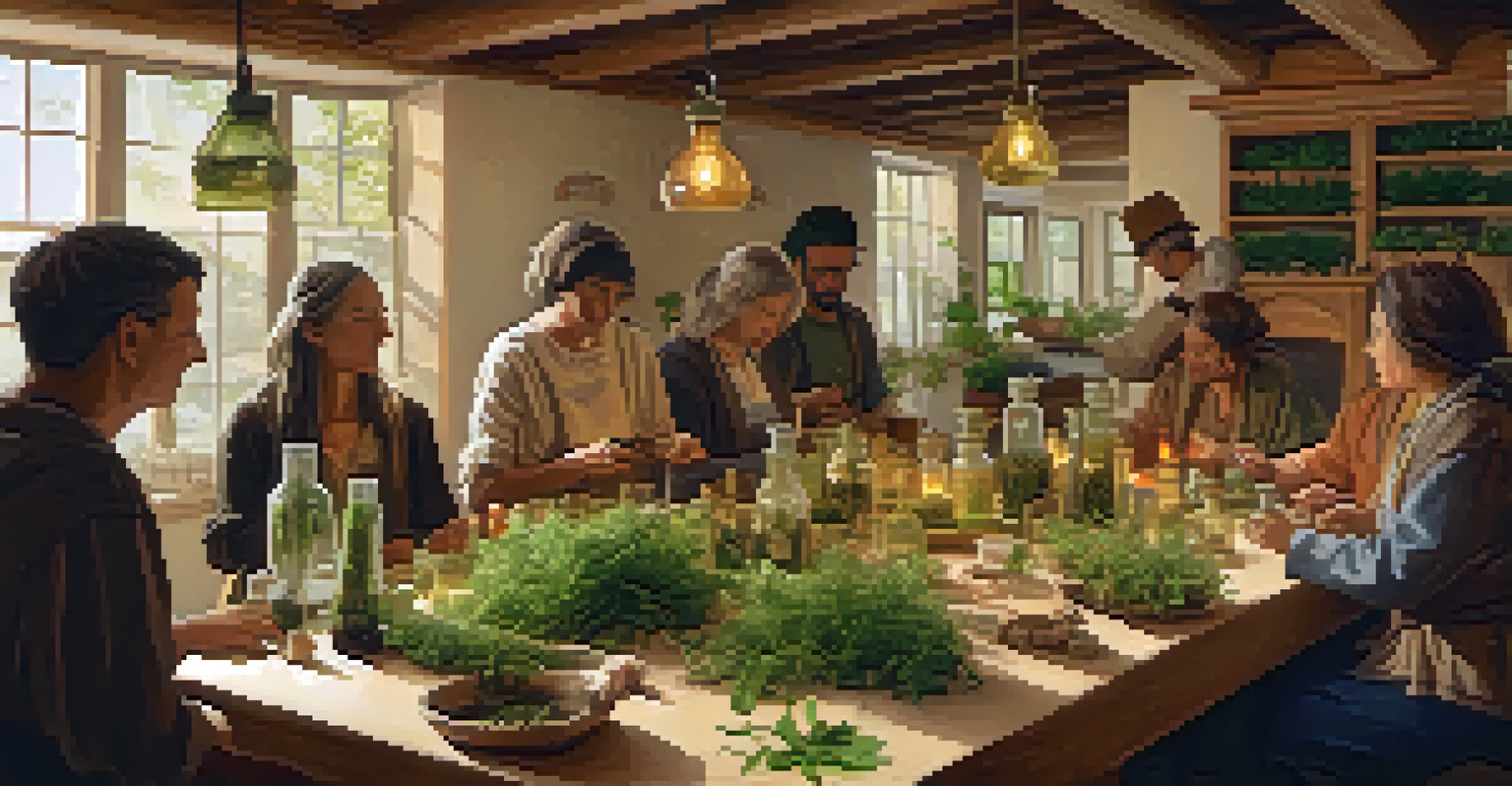 A community workshop where participants learn about herbal remedies, surrounded by an array of herbs and tinctures.