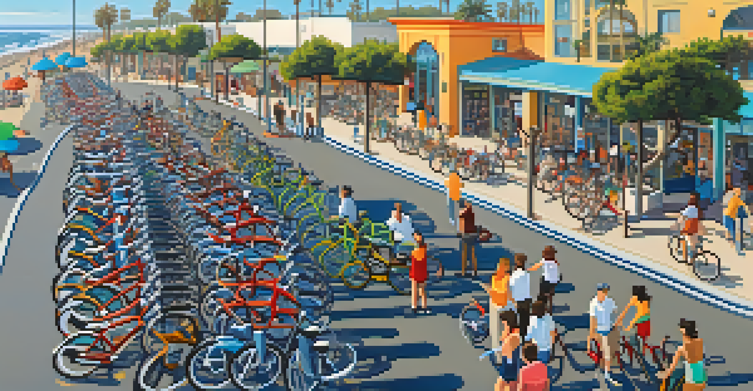 An overhead view of a busy bike-sharing station in Santa Monica with colorful bikes and people using smartphones.