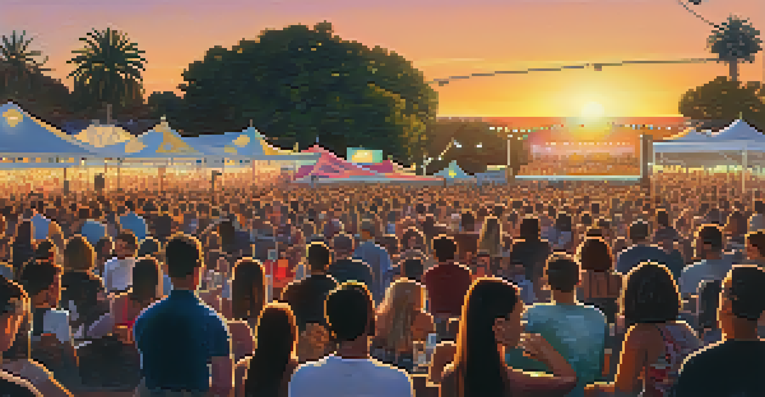 A vibrant music festival scene in Santa Monica with musicians performing on stage and an engaged audience enjoying the music under a sunset.