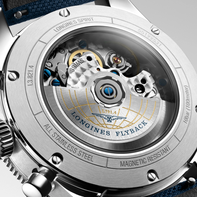 The back of a Longines Spirit Flyback watch
