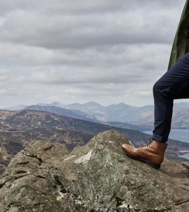 Man wearing Crockett & Jones Coniston shoes in Sand Hurricane Hide around the Trossachs