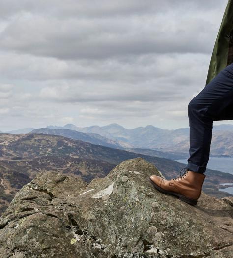 Man wearing Crockett & Jones Coniston shoes in Sand Hurricane Hide around the Trossachs