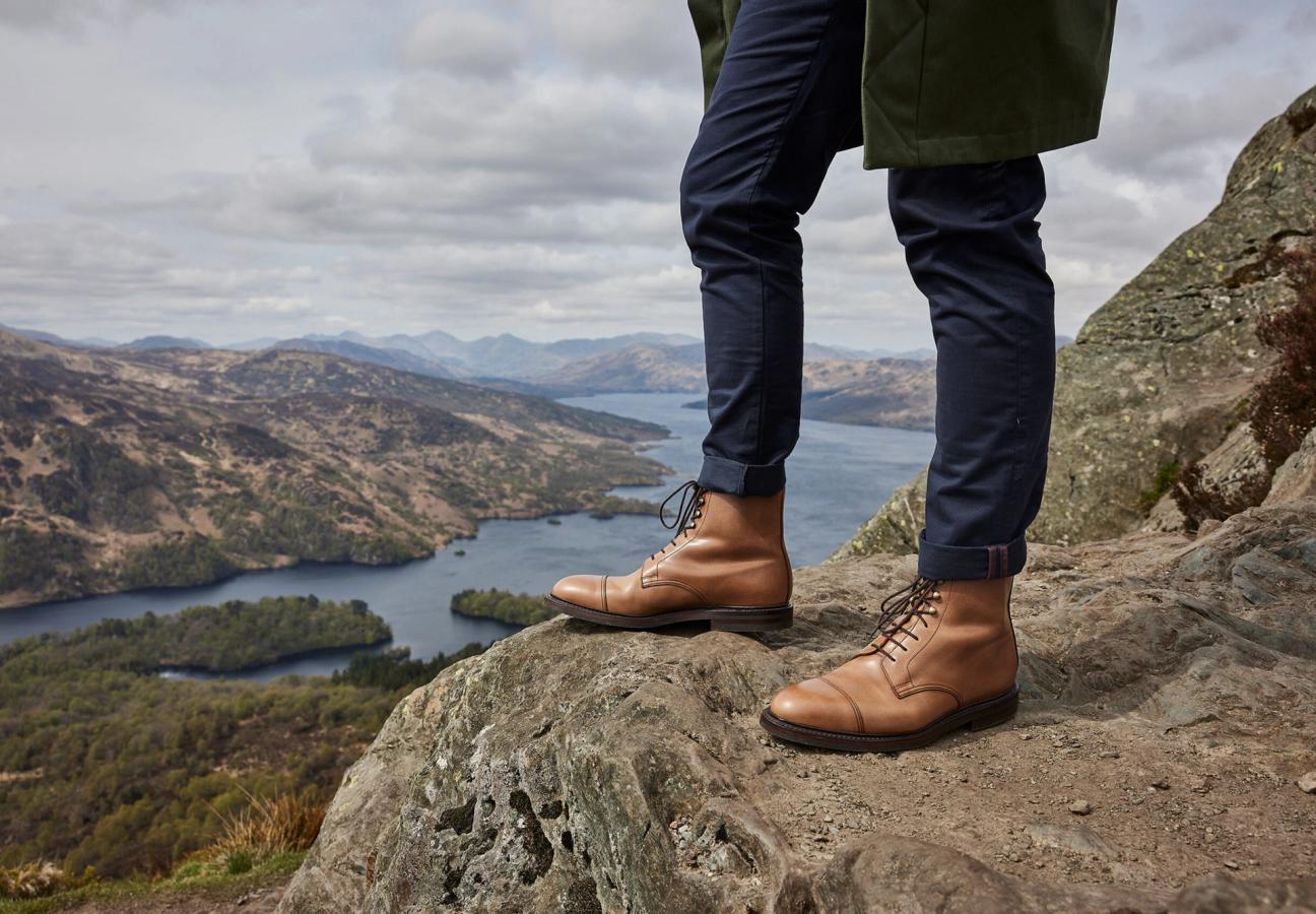 Man wearing Crockett & Jones Coniston shoes in Sand Hurricane Hide around the Trossachs